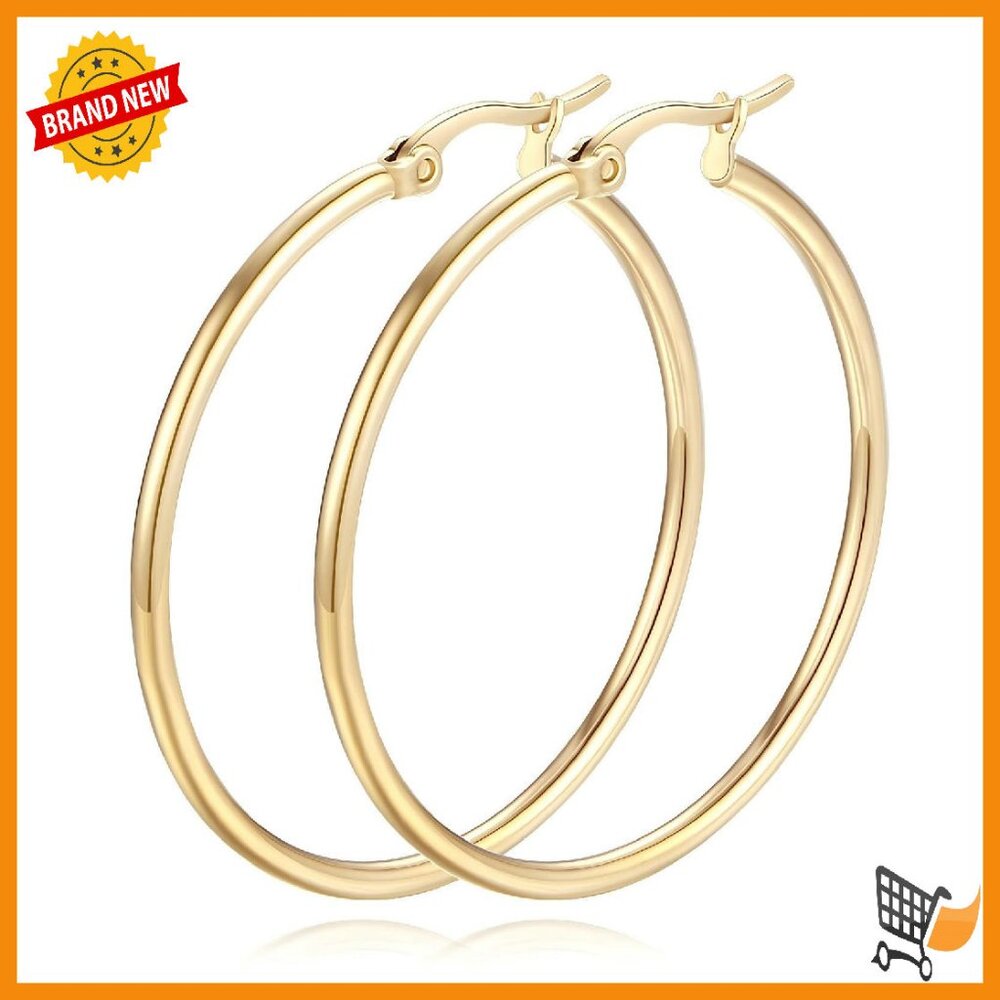 14k Gold Hoop Earrings 1.6cm Classic Shiny Women's Jewelry